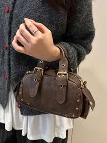 Metal Rivet Belt Buckle Decor Zipper Closure Vintage Boston Small Bag, Suitable For Daily Commute, Dating, Travel, Exquisite Handbag, Crossbody Bag, Versatile Shoulder Bag, Portable Bag, Casual Mini Bag - Coffee - View 5