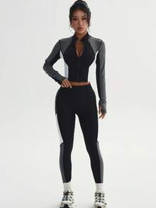 Women's Multi-Color Patchwork Fashion Slim-Fit Sports Long Sleeve & Long Pants Knit Yoga Set - Multicolor - View 3