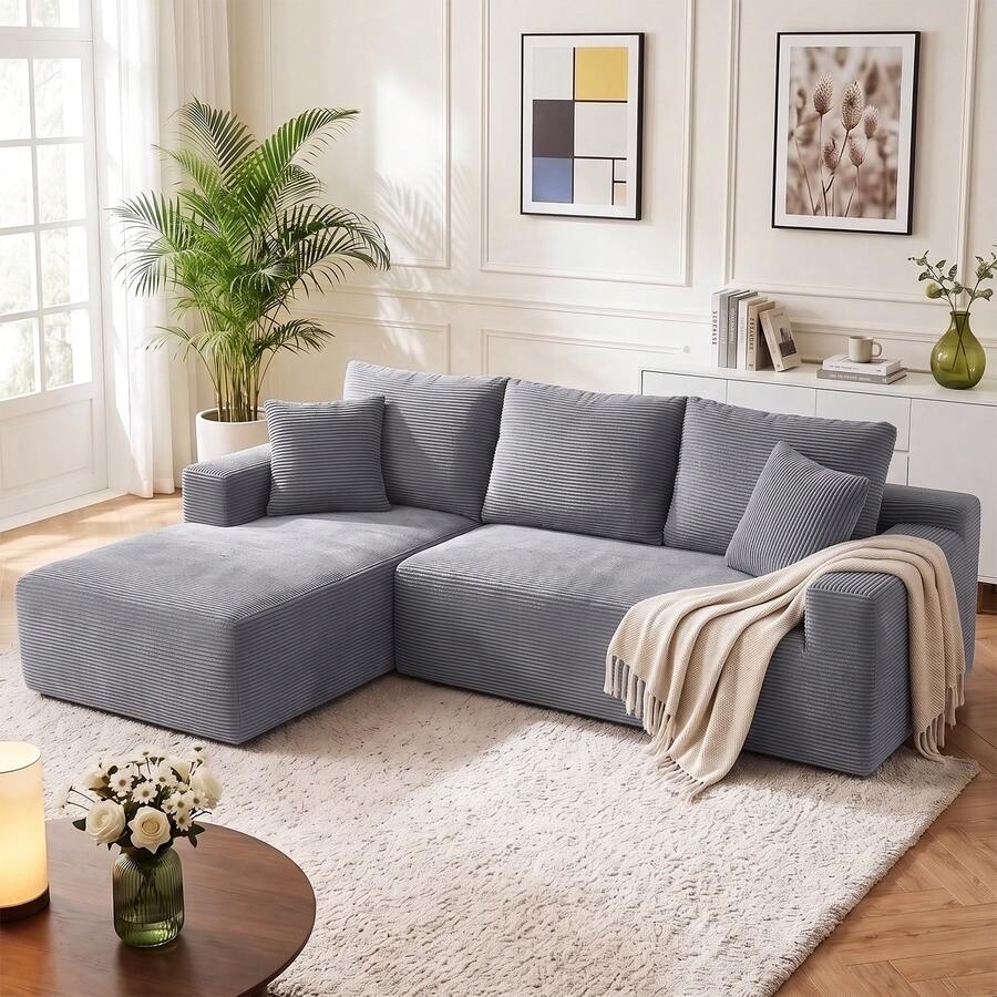 OYAJIA 240cm Boneless Couch, Compressed Sofa For Living Room L-Shaped Modular Left Hand Facing Sofa Chaise Sectional With High Polymer Sofa Fabric, Memory Foam, No Assembly - Grey - View 1