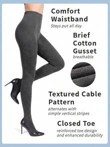 1 Pair Women's Dark Gray Vertical Ribbed Knit Tights, High Elastic Compression Slimming Matte Texture, Versatile Base Layer Leggings For Autumn/Winter - Dark Grey - View 4