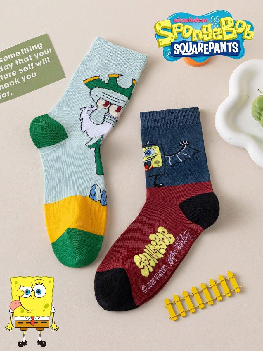 SpongeBob SquarePants 4/2/1雙 SquarePants 男士襪子,趣味卡通中筒襪,秋冬加厚款 - 彩色 - 查看 1