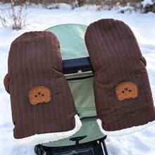 Baby Stroller Handle Cover, Winter Outdoor Windproof & Cold-Proof Stroller Gloves For Parents, Cute Bear Design Warm Lamb Fleece Gloves, Baby Stroller Accessories - As Shown - View 3