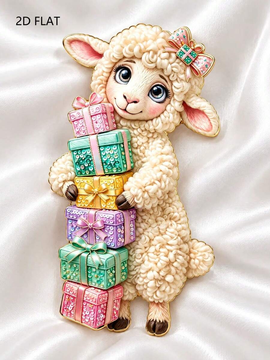 2D Flat Gift Box Sheep Brooch, Cartoon Curly Wool Sheep Brooch, Holiday Creative Clothing Bag Accessory Gift - A - View 1