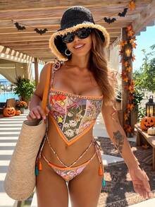 New Sexy Vacation Style European And American Vintage Patchwork Ditsy Floral Twist Front Bikini Set For Women - Multicolor - View 1