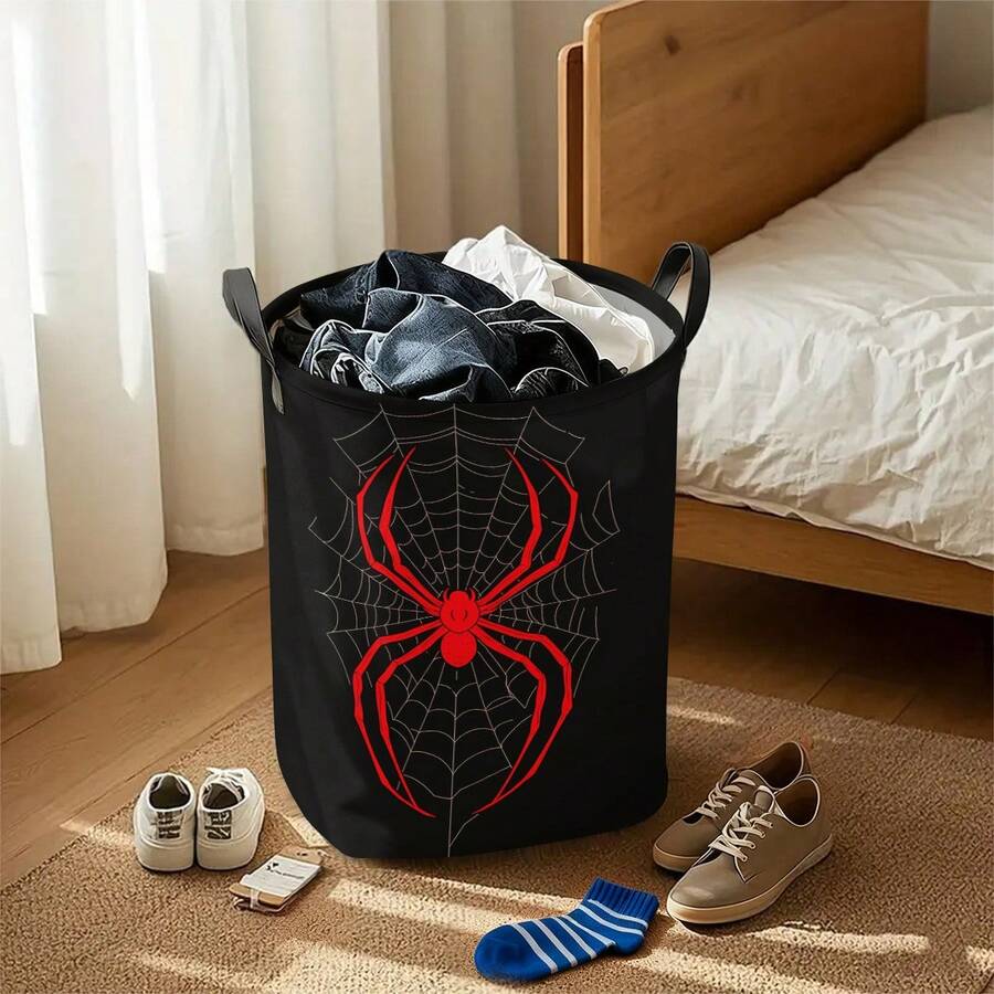 Red Spider Web Pattern Foldable Round Laundry Basket, Multipurpose Dirty Clothes Storage Bin, Space Saving Collapsible Portable Hamper For Bedroom, Bathroom, Dorm, Apartment, Nursery, Kitchen, Toy Storage, Laundry Room And Home Organization - Black - View 1