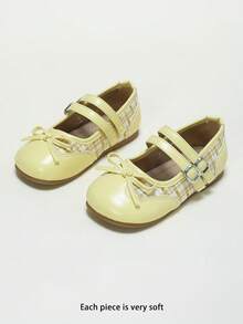 Sepatu Flat Mary Jane Mengkilap Motif Kotak-kotak untuk Anak Perempuan, Tali Gesper Ganda, Pita, Ujung Bulat, Sol Lembut, Musim Gugur 2026 - Kuning - View 4