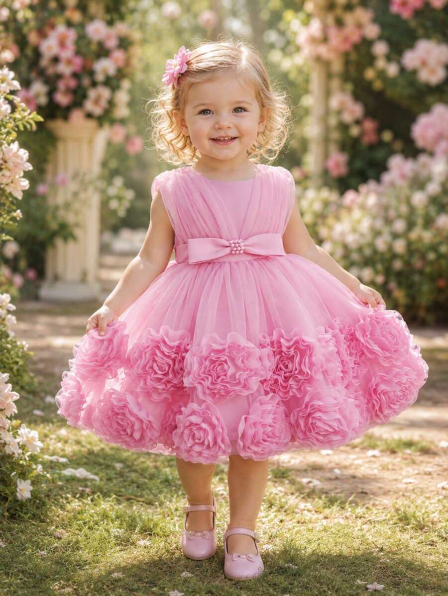 Infant & Baby GirlPrincess Dress, 3D Floral, Puffy Tulle, Sleeveless, Beaded Embroidered, Christening/Wedding/Graduation Gown - Pink - View 1