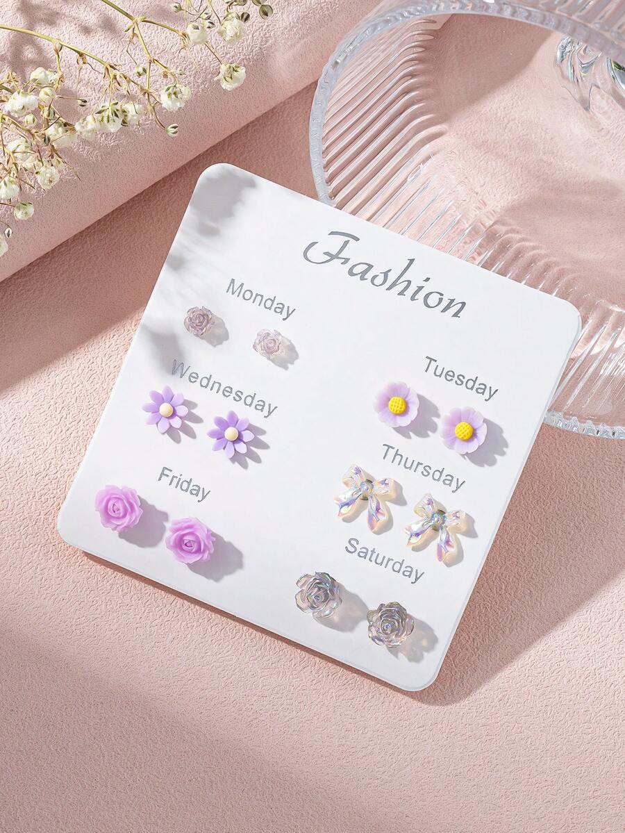6 Pairs Purple Tone Stud Earrings Set, Bow, Rose, Daisy Mixed Fresh Combination Earrings, Women's Jewelry For Daily Wear, Party, Gathering, Gift - Mauve Purple - View 1