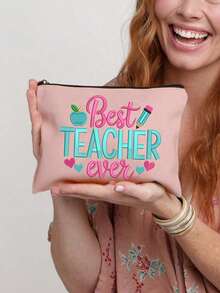 The Best Teacher Letter Design Ever, Apple Pencil Pattern Striped Zipper Makeup Bag, Travel Toiletry Bag, Large Capacity Storage Bag, Coin Purse, Suitable For Easter, Teacher's Day, Birthday, Gift For Sisters, Christmas - Multicolor - View 12