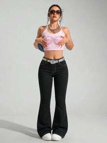 Plus Size Flare Jeans With Pockets And Zipper Closure, Extended Length, Mid-Stretch Fabric, Suitable For Daily Fashion Wear - Black - View 6