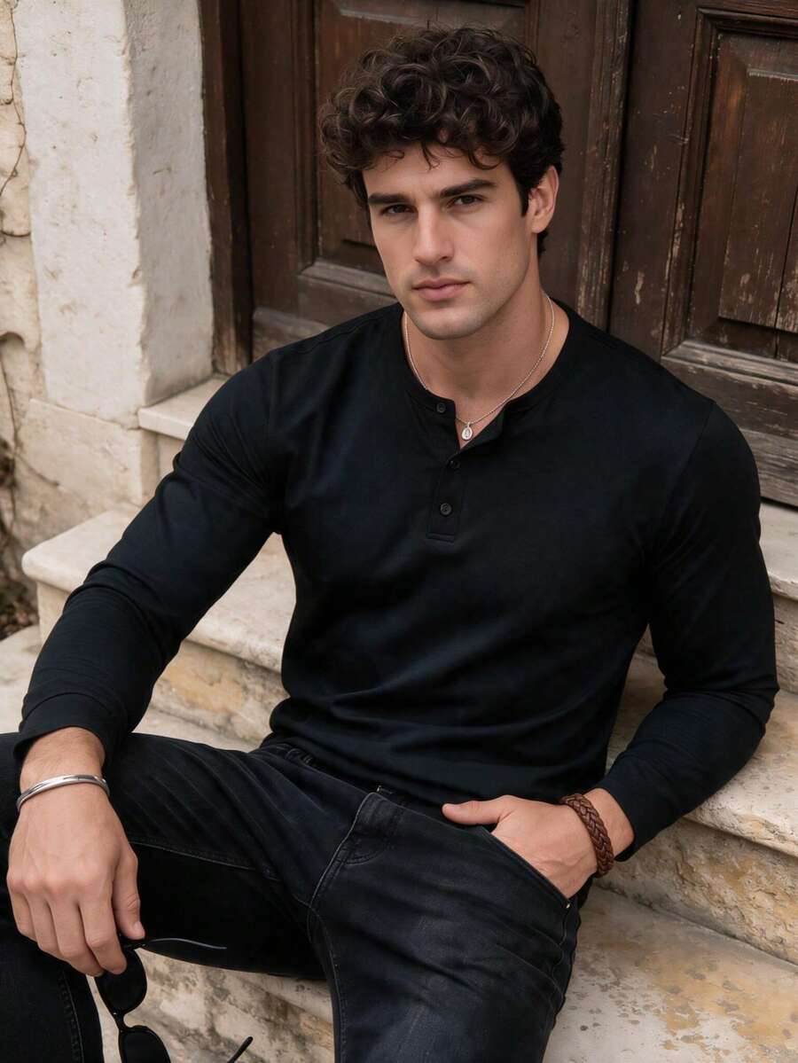 Men's Henley Collar Long Sleeve Polo Shirt, Casual Loose Fit With Button Placket, Suitable For Daily Wear And Outdoor Activities - Black - View 1
