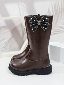 1 Pair Girls' Tall Chelsea Boots, Soft PU + Rhinestone Bow Material, Elastic Soft Sole With Inner Zipper Design, Simple Classic Princess Style Long Boots, Suitable For Daily School, Holidays, Autumn/Winter New - Coffee Brown - View 4