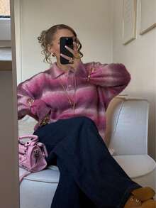 女款可愛休閒太空骰子彩色Y2K寬鬆長袖針織套頭毛衣，秋冬返校假期粉色 - 粉色 - 查看 2