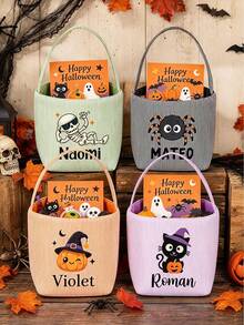 Customized Embroidered Name Halloween Trick Or Treat Bag, Cute Ghost & Pumpkin Pattern Halloween Party Candy Basket Gift - Multicolor - View 3