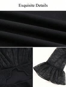 Aliao Elegant Lace Patchwork V-Neck Long Sleeve Midi Dress, Suitable For Date, Party, Vacation, Autumn/Winter - Black - View 8