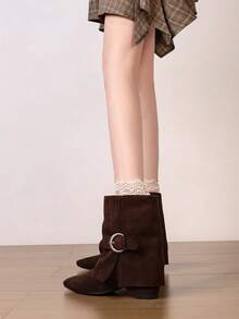 New Elastic Short Shaft Leg-Hugging Boots, Commuter Leather Square Toe Chunky Heel Back Zipper High Heel Slim Fit Boots - Coffee Brown - View 6