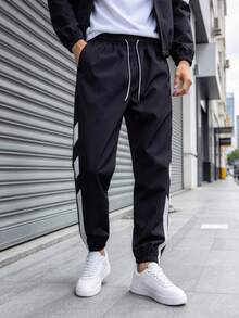 1 Set Men's Spring & Autumn Color Block Tracksuit, Stand Collar Jacket & Drawstring Jogger Pants Casual 2-Piece Outfit, Suitable For Daily Streetwear - Black and White - View 5