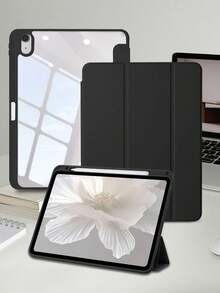 1件裝 壓克力三折式柔軟觸感布面黑色平板保護殼，相容 iPad Mini6/7/Air/Air2/9.7/10.2/10.5/10.9(Air4-Air8)/Pro 11/10th Gen/A16/Pro11 2024/12.9/Pro13 2024 機型，純色平板殼，壓克力背殼，三折支架，自動休眠/喚醒，內建筆槽，不含筆，部分機型附相機框 - 黑色 - 查看 2