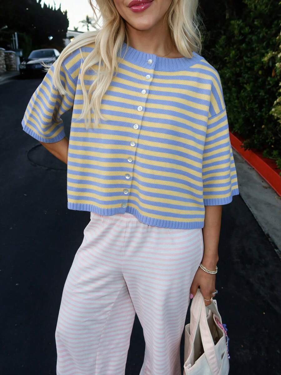 Plus Size Women's Basic Blue & Yellow Striped Button-Up Cardigan, Preppy Short Knit Top With 5-Inch Sleeves, Back To School Autumn Inspired - Baby Blue - View 1