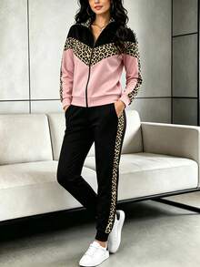 Spring Autumn Winter New Fashion Colorblock Leopard Print Lapel Long Sleeve Top And Pants 2 Pieces Set, Autumn Fashion Targetfinds Winter Clothing - Pink+Black - View 7