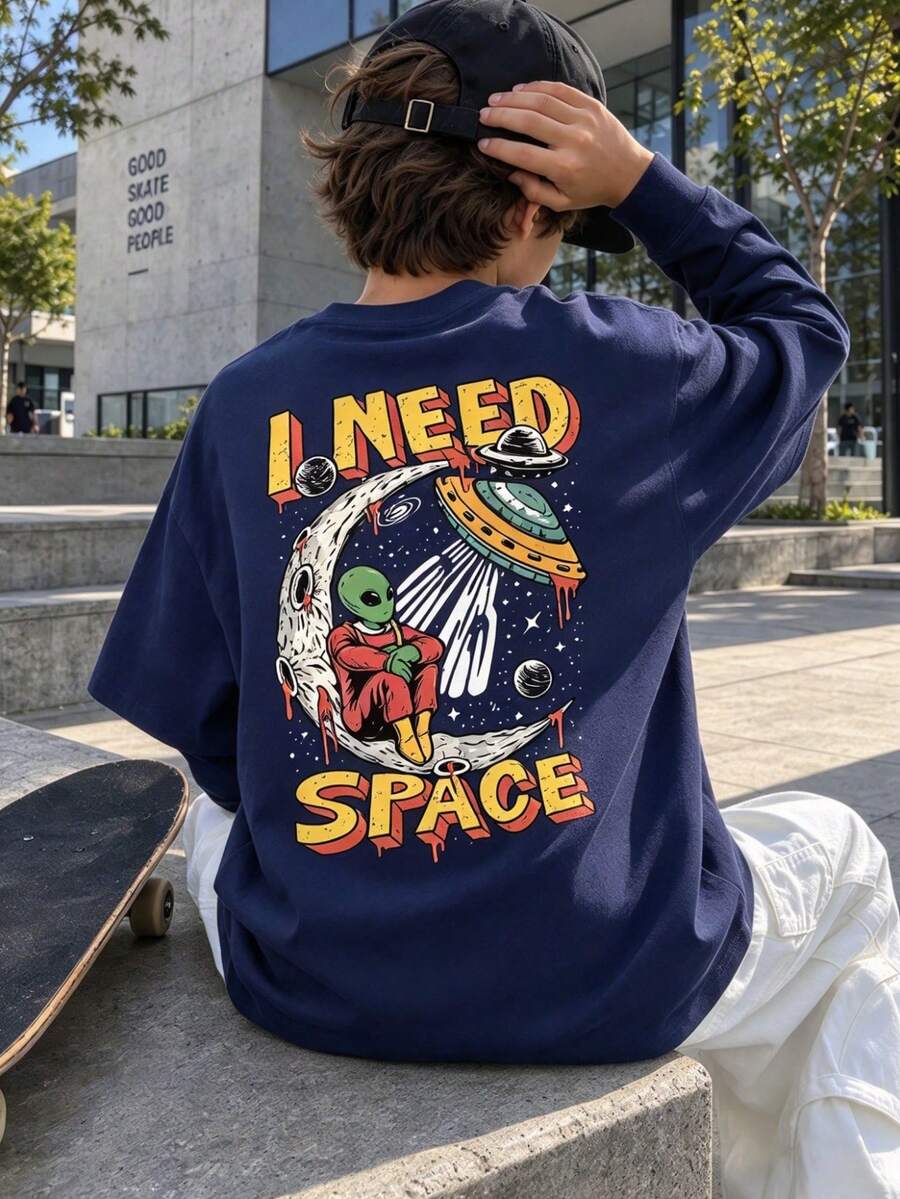 大童長袖T恤,太空外星人UFO月亮背印,休閒日常上衣,適合秋冬 - 藏蓝色 - 查看 1