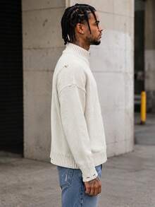 BLACKTOEXIT Men's Half-High Neck Zipper Knit Cardigan, Distressed Ripped Design, Beige Loose Fit Dropped Shoulder American Vintage Long Sleeve Sweater Jacket - Apricot - View 3