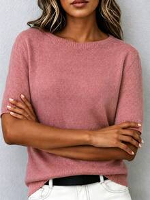 Women's Wool Blend Soft Knit Short Sleeve Top, Loose Fit, 15% Wool Content, Basic Crew Neck Solid Color Half Sleeve Knit Sweater, Lightweight Luxury Minimalist Commuter Inner Layer, Quiet Luxury Style, Suitable For Office And Business Use - Watermelon Pink - View 4