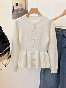 Fashionable Women's Fitted Button-Up Cardigan Sweater, Long Sleeve Ribbed Knit Top With Flared Hem And Round Neck, Suitable For Daily Wear And Autumn/Winter Fashion - Apricot - View 6