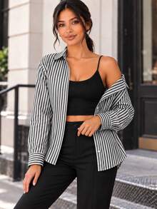 Women Striped Button Front Shirt Long Sleeve Classic Collar Casual Loose Fit Blouse With Chest Pocket - Black and White - View 6