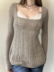 90s Fashion Women's Pullover Doll Square Neck Sweater, Featuring Cable Knit Details, Long Sleeves And Square Neck Design, Medium Stretch Fabric, Autumn Outfit Essential - Khaki - View 8