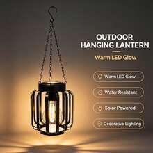 Solar Hanging Lantern, Black Metal Cage Solar Powered Pendant Light, Waterproof LED Edison Bulb Lamp, Auto On/Off Outdoor Decor Light For Garden, Patio, Porch, Tree Branch, Yard, Party, Wedding Ambient Decoration - Warm White Light - View 9