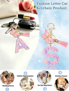 Women's Fashion Initial Keychain With Cute Butterfly Tassel Sequin Resin Letter Key Ring Pendant, Backpack Wallet Handbag Car Key Chain Charm, Valentine's Day Gift For Girlfriend - Pink - View 4