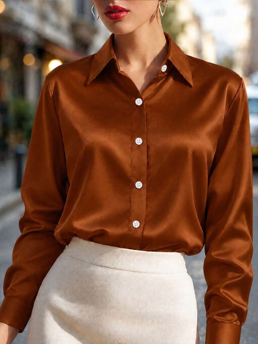Plus Size Women's Fashion New Arrival Casual Satin Button-Up Shirt Spring Brown - Brown - View 1