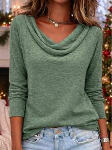 Women's Casual Solid Color Long Sleeve Low Neck T-Shirt, Fashionable Women's Top - Green - View 8