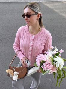 JustMiss 女款圓領單排扣開襟針織開襟衫套頭衫，多穿法簡約女孩風麻花編織休閒百搭針織外套，秋冬款 - 粉色 - 查看 2