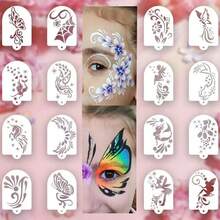 16Pcs Face Paint Stencils, Reusable PET Hollow Templates With Butterfly, Fairy, Mermaid, Unicorn Patterns, For Carnival, Halloween Party, Body Art Makeup - White - View 6
