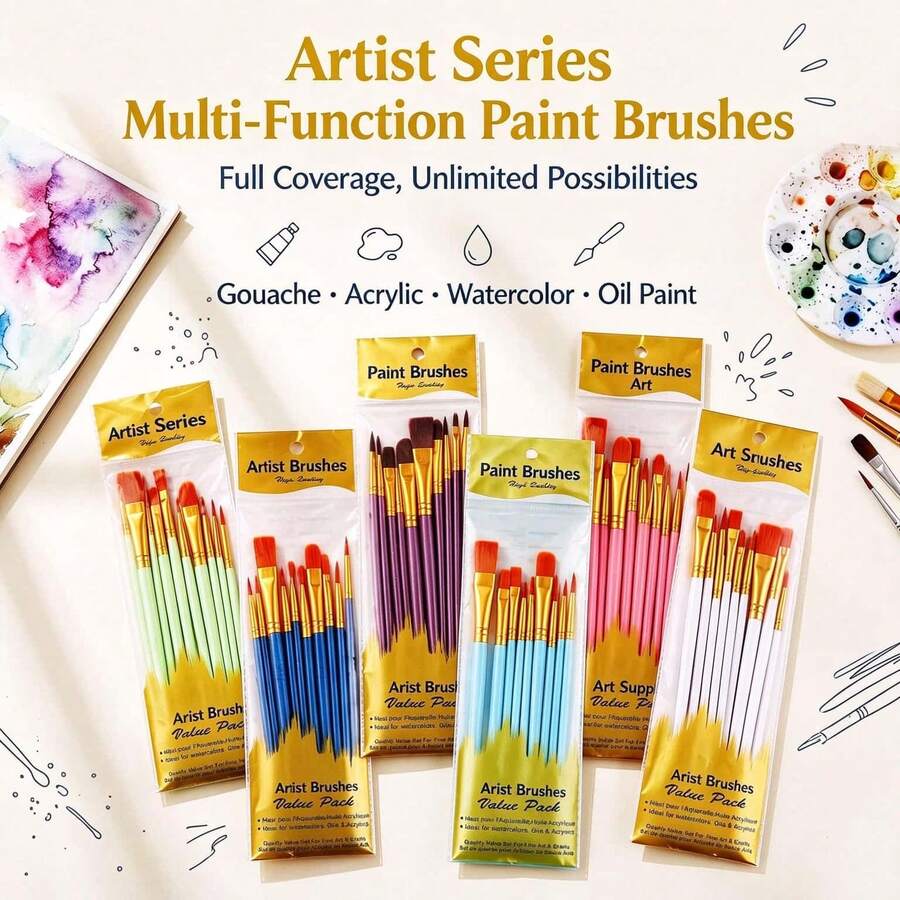 This Kit Contains 10 Painting Brushes In Different Sizes To Meet Your Diverse Creation Demands, Perfect For Number Painting & Other DIY Art Projects, Smooth Brush Tips For Easy Color Blending & Detailed Painting, Paint Brushes, Art Supplies - A - View 1