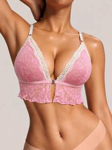 Women's Fashion Sweet Pink Lace Deep V Front Split Triangle Cup Adjustable Spaghetti Strap Backless Bra - Pink - View 5