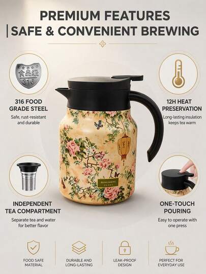 1pc 1000ml Fashion Floral Pattern Stainless Steel Double-Wall Vacuum Insulated Coffee Pot/Teapot, Matcha, Matcha Tools, Infuser Teapot, Home Separable Tea Pot, Portable Coffee Pot, Suitable For Water, Iced Tea, Coffee, Milkshake, Etc., Suitable For Travel, Home, Office, Restaurant, Tea House, Camping, Party And Other Occasions, Father's Christmas Gift, Kitchen Accessories, Holiday Gift