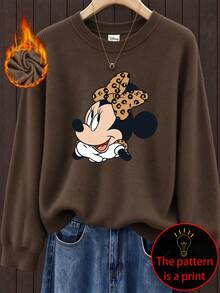 Disney Women's Plus-Size Casual Faux-Knit Top; Soft, Comfortable Fabric; Suitable For Autumn And Winter; Features A Leopard-Print Minnie Mouse Head Graphic. - Brown - View 1