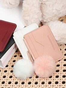 Fashionable Zipper Multi Slot Wallet, With A Pom-Pom Charm, Multi Card Slot, Large Capacity Credit Card Storage Bag, Suitable For Outdoor Use - Pink - View 2