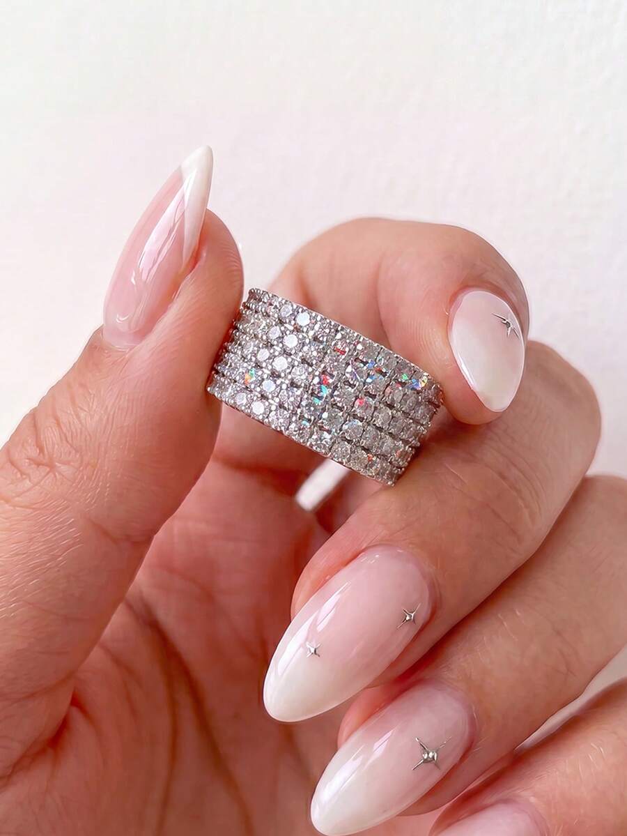 1pc 5-Row Cubic Zirconia Inlaid Ring, Suitable For Women's Daily Wear And Party Accessory, High-Quality Jewelry Gift