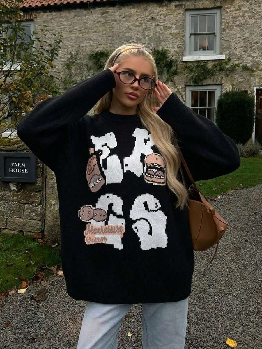 Fashion Black Long Sleeve Jacquard Pullover Sweater, Suitable For Street Style Looks, Provides Daily Comfort And Warmth For Cold Autumn Days - Black - View 1