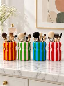 1pc Colorful Striped Makeup Brush Holder, Glossy Vanity Organizer For Brushes And Beauty Tools - Multicolor - View 7