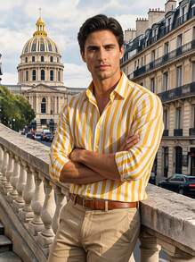 Men's Regular Fit Long Sleeve Button Down Casual Striped Shirt, Summer, For Fall, For Christmas - Yellow - View 8
