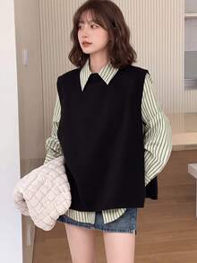 Chaleco casual de cuello redondo minimalista con diseño de abertura lateral - Negro - Ver 1