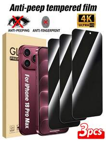 3Pcs Privacy Tempered Glass Screen Protector, Anti-Peeping, Full Coverage, Anti-Impact, Effectively Protects Screen From Scratches Caused By Sharp Objects, Compatible With IPhone Duo/18promax/18pro/17 Pro Max/17 Pro/17Air/17/16 Pro Max/16 Pro/16 Plus/16/15 Pro Max/15//14/13/12 And Other Models. - Black - View 1