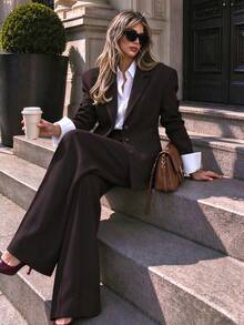 Fashionable Women's Lapel Blazer & Pleated Wide Leg Pants Set, Elegant Non-Stretch Fabric, Suitable For Autumn/Winter Office Wear, Solid Color - Chocolate Brown - View 1
