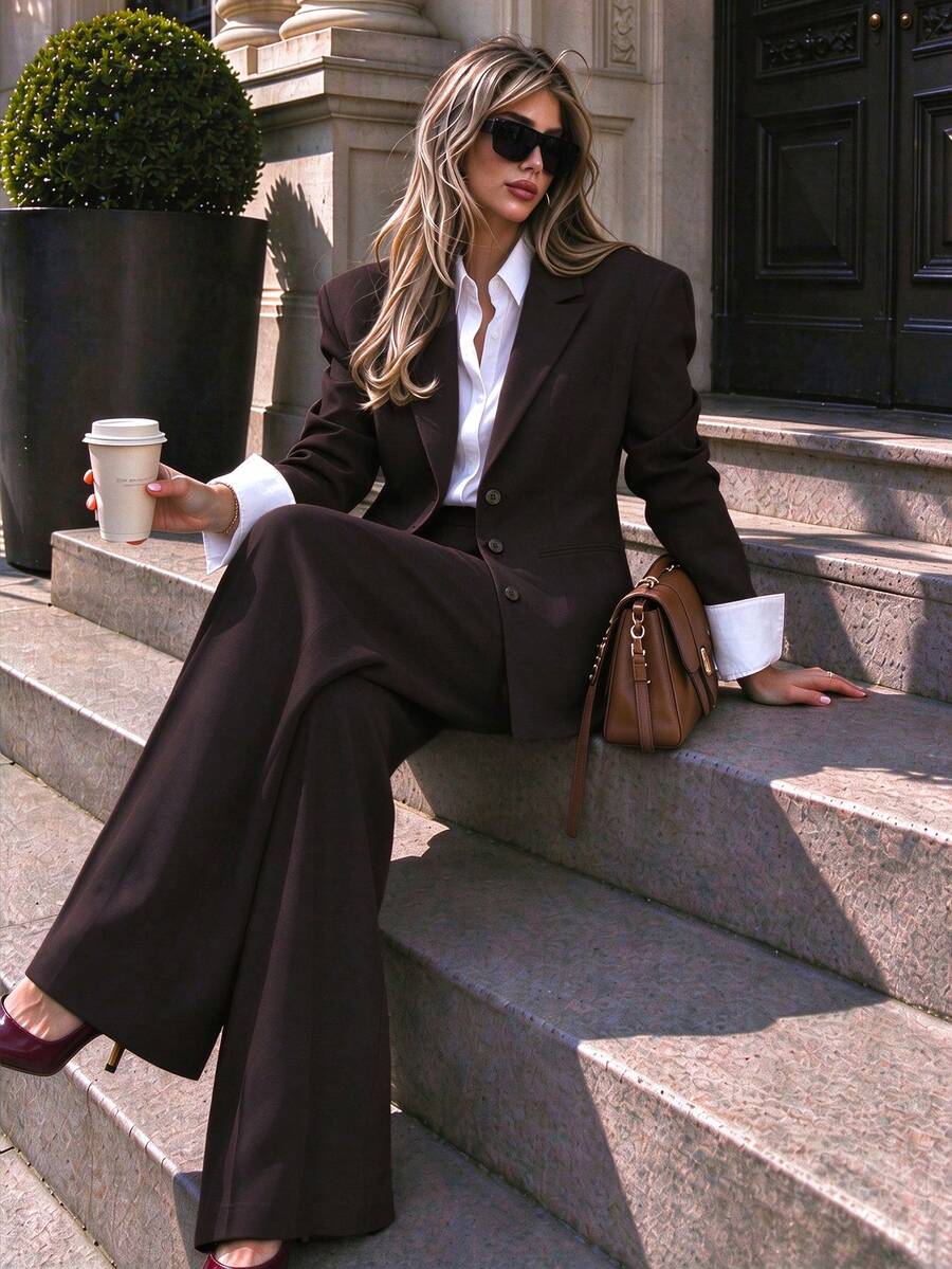 Fashionable Women's Lapel Blazer & Pleated Wide Leg Pants Set, Elegant Non-Stretch Fabric, Suitable For Autumn/Winter Office Wear, Solid Color - Chocolate Brown - View 1