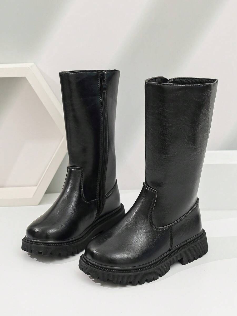 Sepatu Bot Tinggi Hitam untuk Anak Perempuan, Desain Warna Polos Minimalis dengan Resleting Samping, Mudah Dipakai dan Dilepas, Sol Tebal Anti Selip dan Tahan Aus, Sepatu Bot Panjang Modis Serbaguna Gaya Inggris Musim Gugur/Musim Dingin - Hitam - View 1